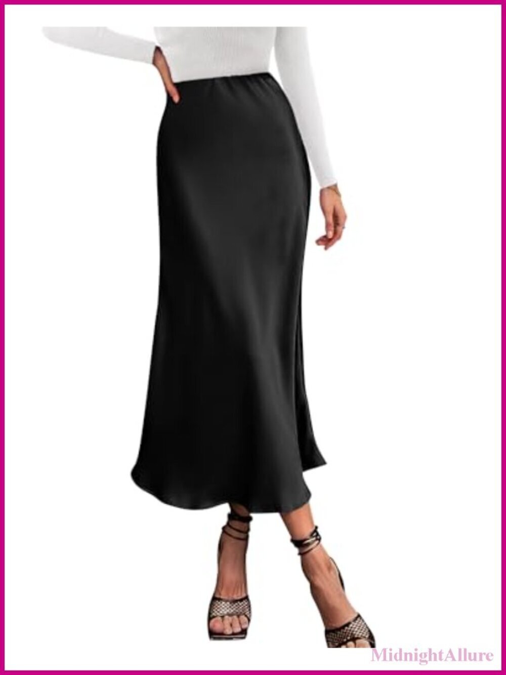Elegant High Waist Flowy Satin Midi Skirt Cocktail Party A-Line Ruffle Hem